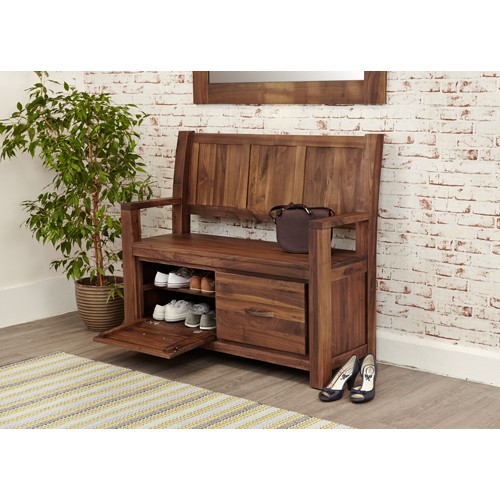 Mayan Walnut Monks Bench with Shoe Storage