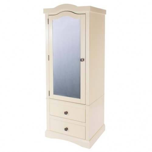 1 Mirrored Door, 2 Drawer Wardrobe Quebec Cream Painted 