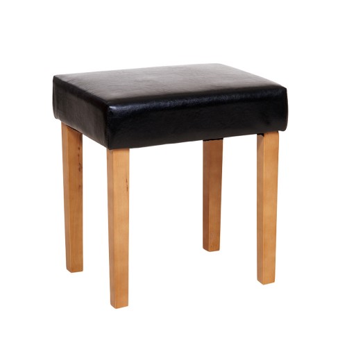 stool in black faux leather, med wood leg  denver handcrafted aged effect