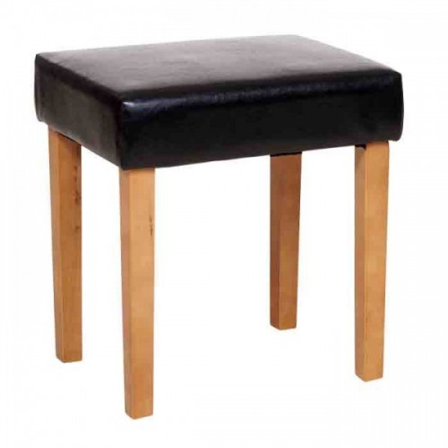 stool in black faux leather, light wood leg cotswold waxed pine